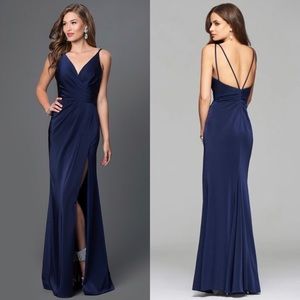 Faviana V-Neck Ruched Open-Back Floor Length Dress In Navy